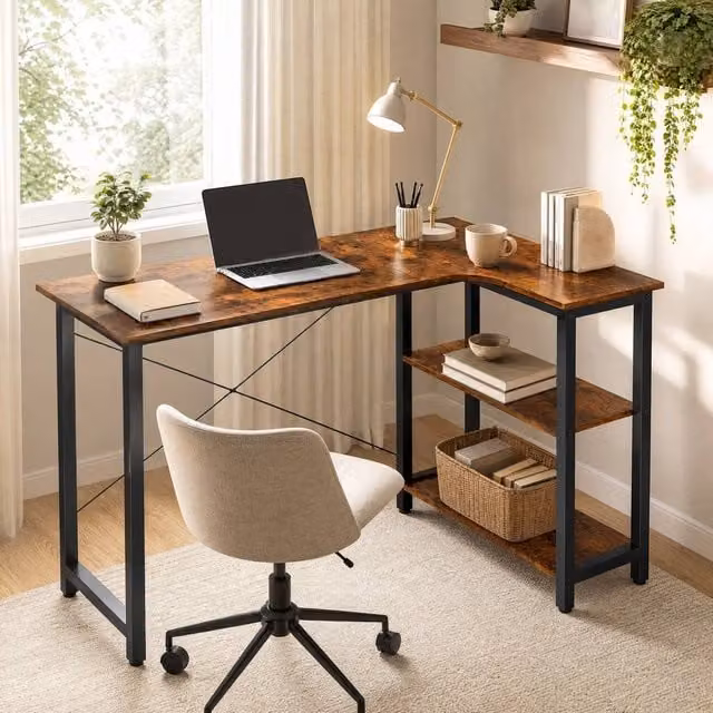 STILVORA L Shaped Corner Desk with Shelves in Rustic Dark Brown