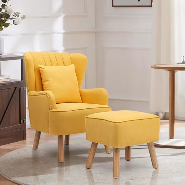 Livingandhome Mid-Century Wing Back Armchair with Ottoman and Cushion in Yellow Linen Fabric with Oak Wood Legs