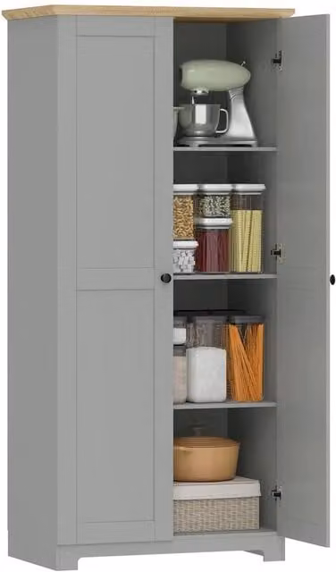 NESTLUNE Grey Wooden Tall Storage Cabinet Cupboard with Hinged Doors, H 172 cm x W 100 cm x D 15 cm – 1