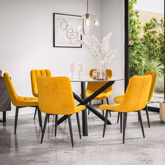 More4Homes Malvern Round Dining Table and 6 Nova Velvet Chairs Set, Clear Glass Top with Solid Oak and Black Legs, Mustard Yellow – 1