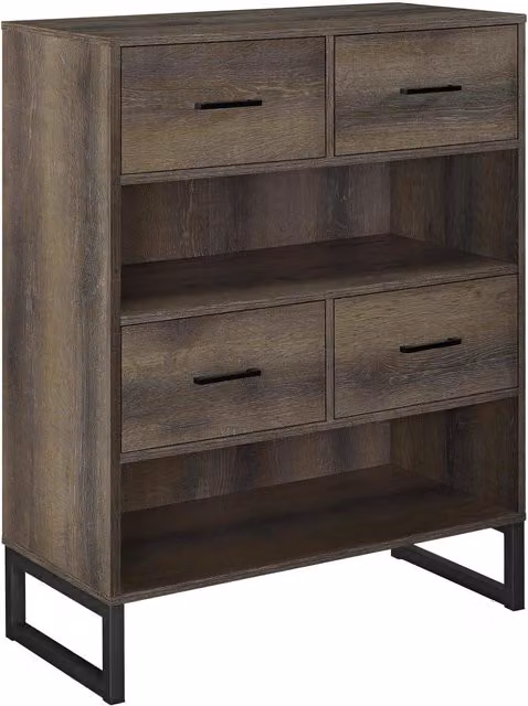 Candon Industrial Brown Wood Bookcase with Drawers and Shelves, Width: 102.6 cm