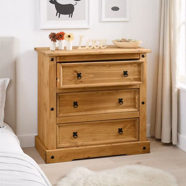 Seconique Corona 3 Drawer Chest in Distressed Waxed Pine, Brown – 2