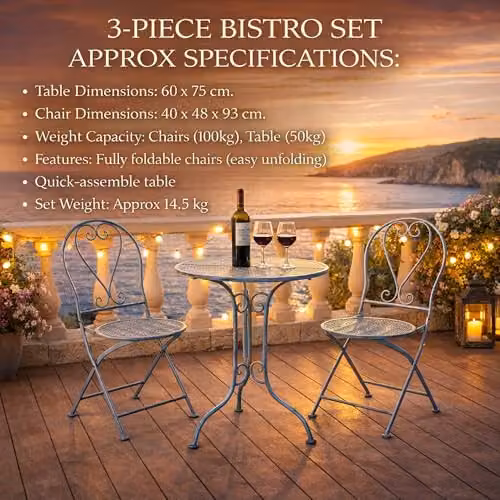 GlamHaus Toulouse 3 Piece Folding Metal Garden Bistro Set in Blue – 4