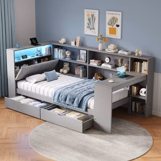 STILVORA Grey Fabric Single Daybed with Drawers, Desk, LED Lighting and USB Charging Port, W/D/H: 90 x 190 cm