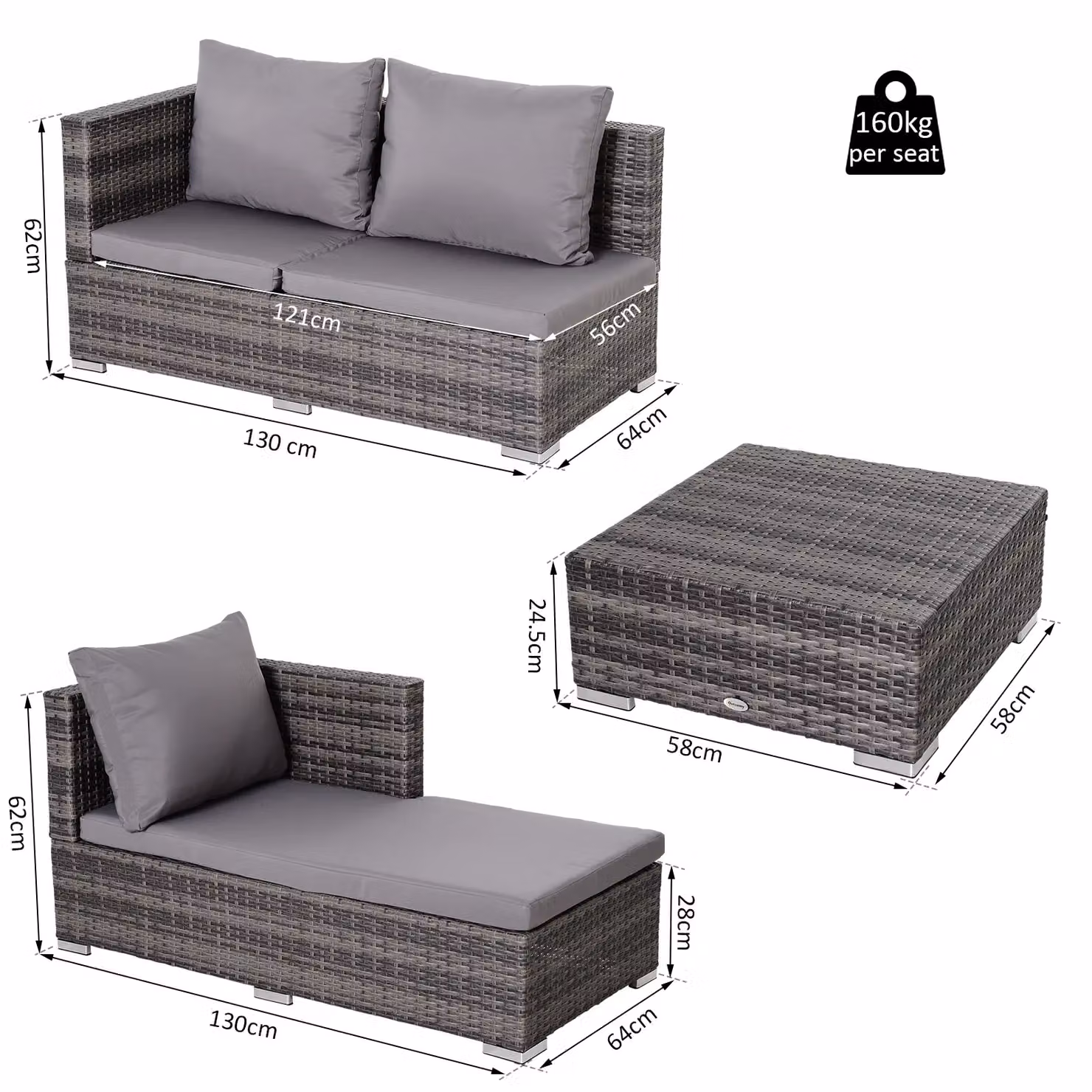 Outsunny 3 Piece Grey PE Rattan Reclining Sofa Set with 2 Loveseats – 3
