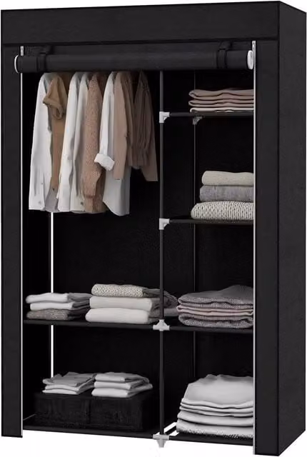 NESTLUNE Black Fabric Wardrobe with Internal Shelves and Hanging Rail, W/D/H: 100 x 15 x 162.5 cm – 1