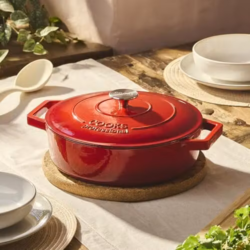 Cooks Professional Enamelled Cast Iron 28cm Shallow Casserole Dish with Lid and Handles, 4.3l, Red – 2