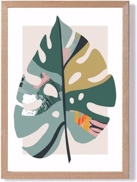 ARTZE Minimalist Monstera Leaf Framed Print in Green and Red with Oak Wood Frame, A4