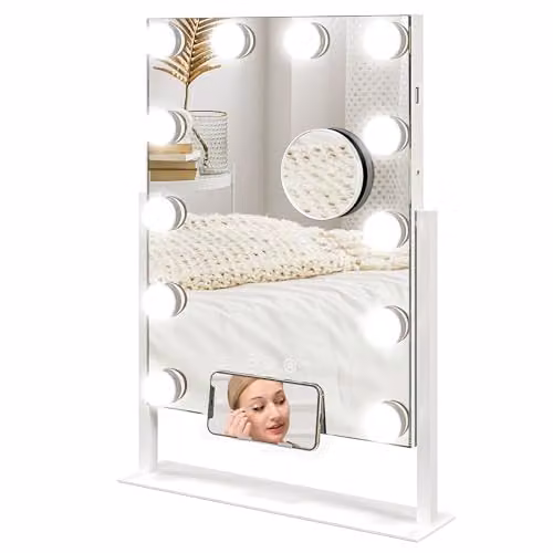 HOMCOM Hollywood LED Tabletop Makeup Mirror in White, W 37 cm x H 46 cm, with Dimmable Touch Control