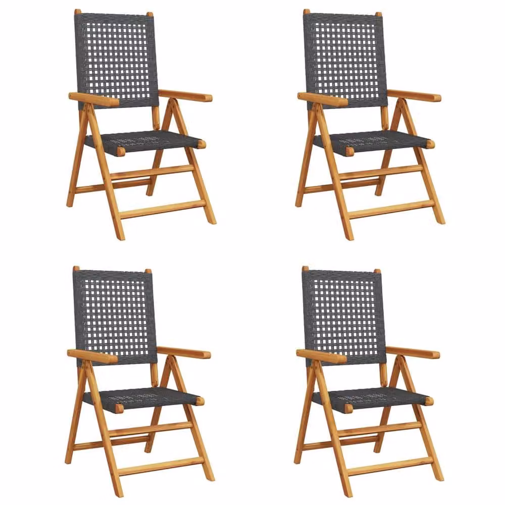 Berkfield Home Set of 4 Reclining Black Poly Rattan and Oiled Acacia Wood Garden Chairs with Armrests – 2