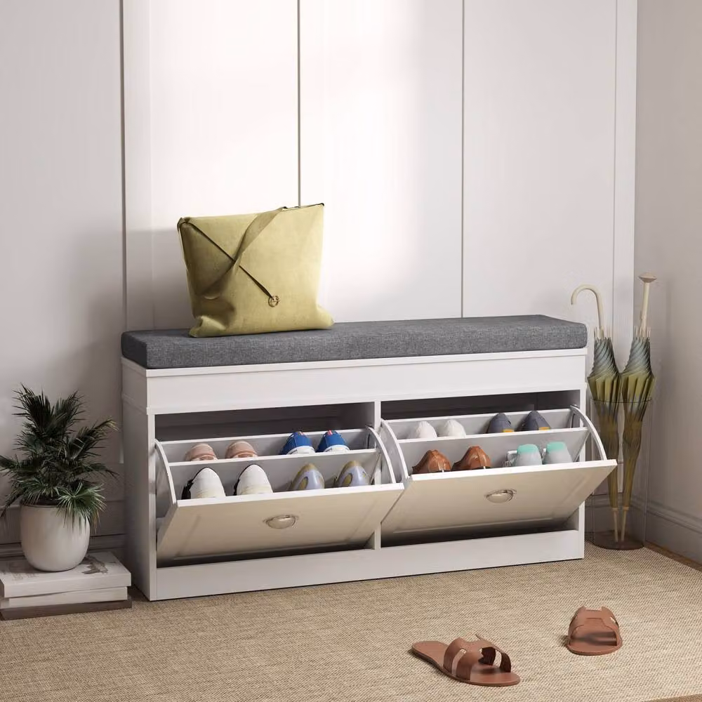 Wyld Haus Nedola White Shoe Storage Bench with Cushioned Seat and 2 Flip Drawers, W/D/H: 55 x 24 x 24 cm – 3