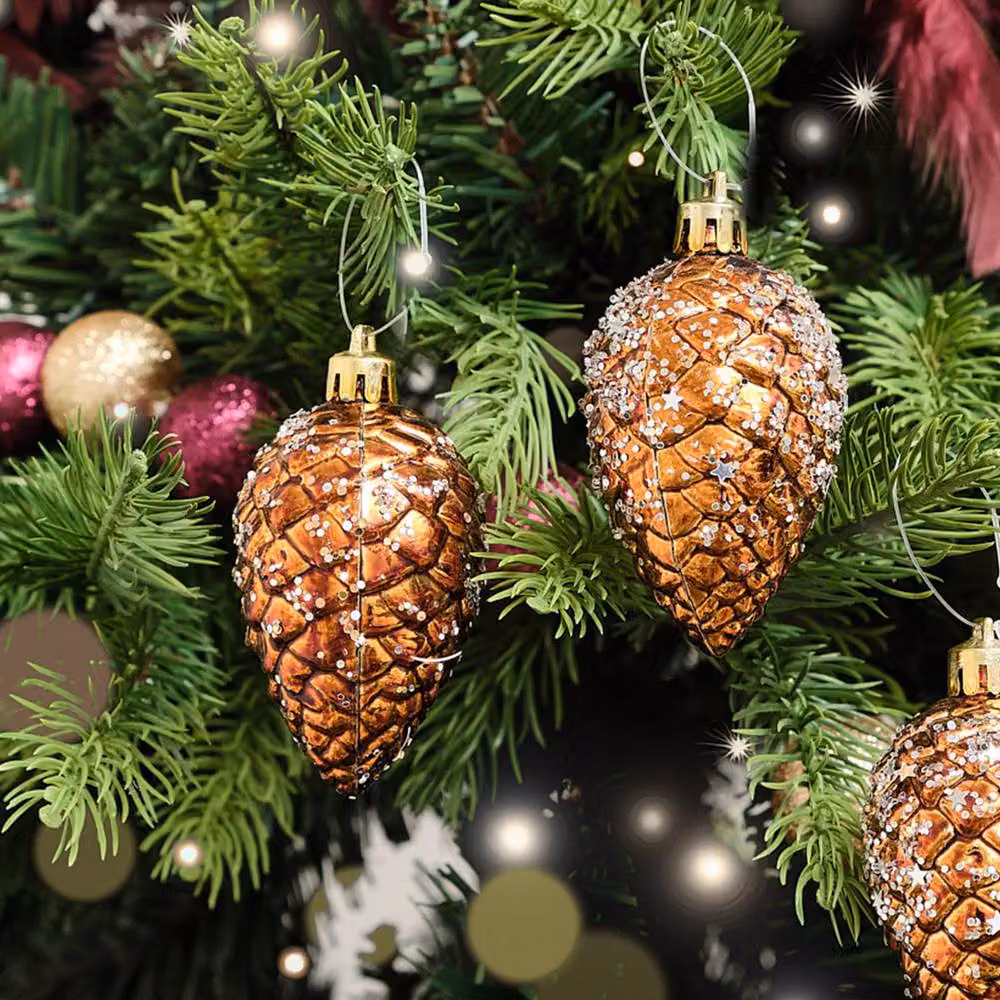 Melody Maison Set of 3 Gold and Bronze Sequin Pinecone Bauble Christmas Hanging Decorations, Diameter: 6.5 cm – 2