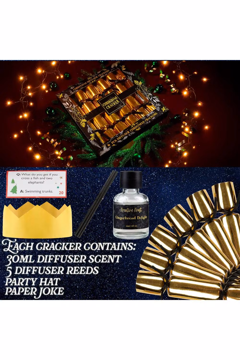 KreativeKraft Luxury Christmas Crackers Pack of 6 with Scented Reed Diffuser in Gold and Multicolour – 9