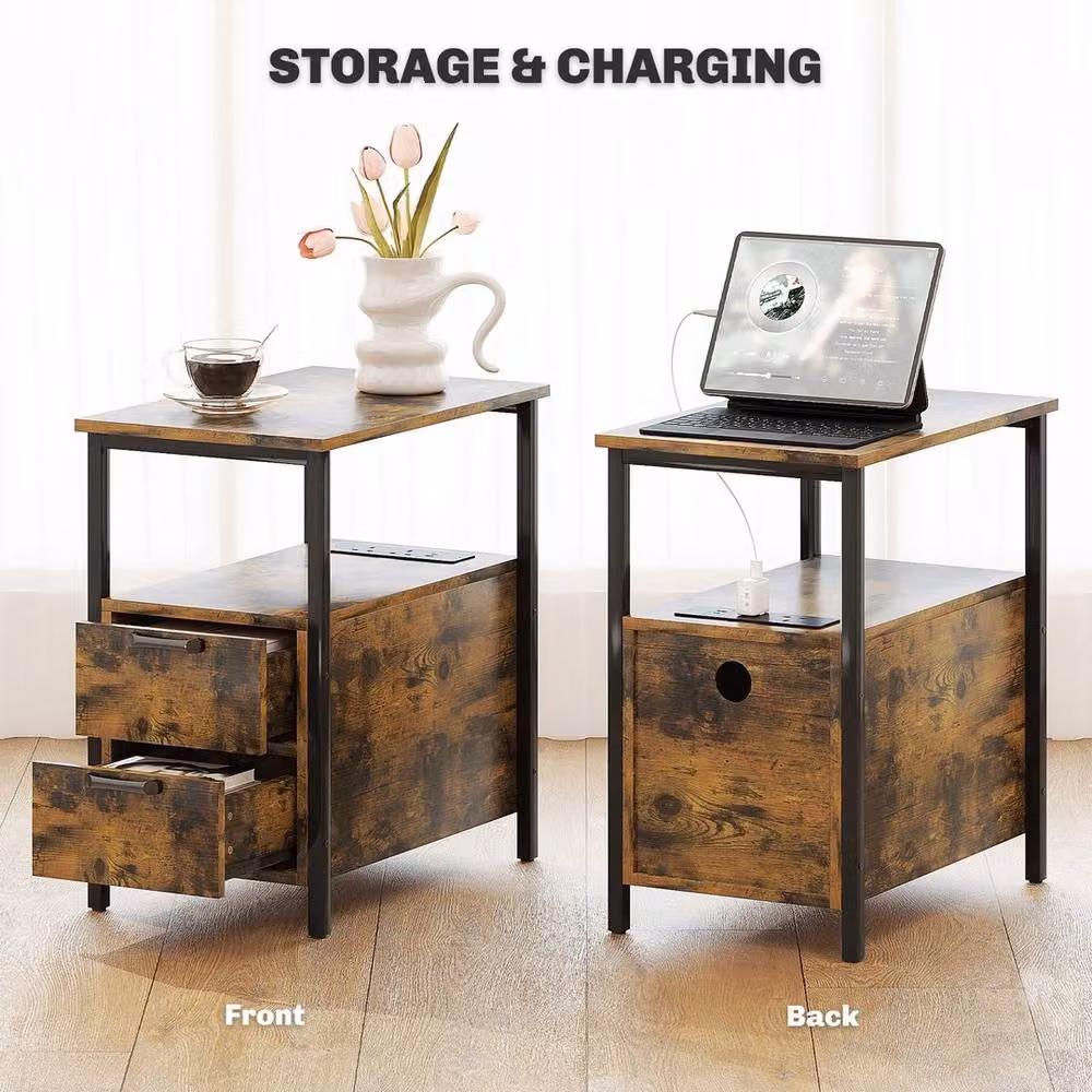FORGEVIO Rustic Brown Side Table with Charging Station, 2 Drawers and Shelf – 3