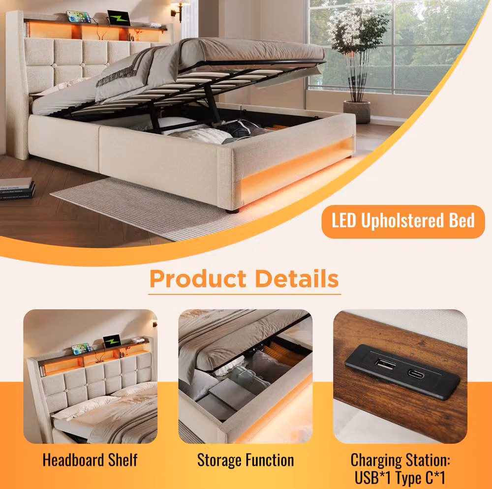 STILVORA Upholstered 5ft King Bed in Beige with LED Lighting, USB Charging Ports and Lift-Up Storage Base (W/D/H: 180 x 200 x 117 cm) – 3