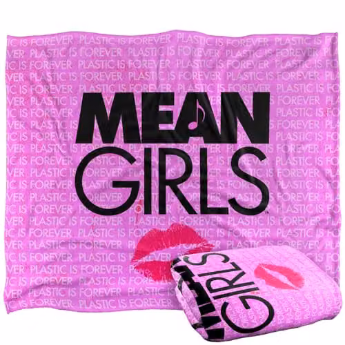 LOGOVISION Mean Girls (2024) Musical Logo Super Soft Fleece Throw Blanket in White and Pink, W/D/H: 152 x 127 cm