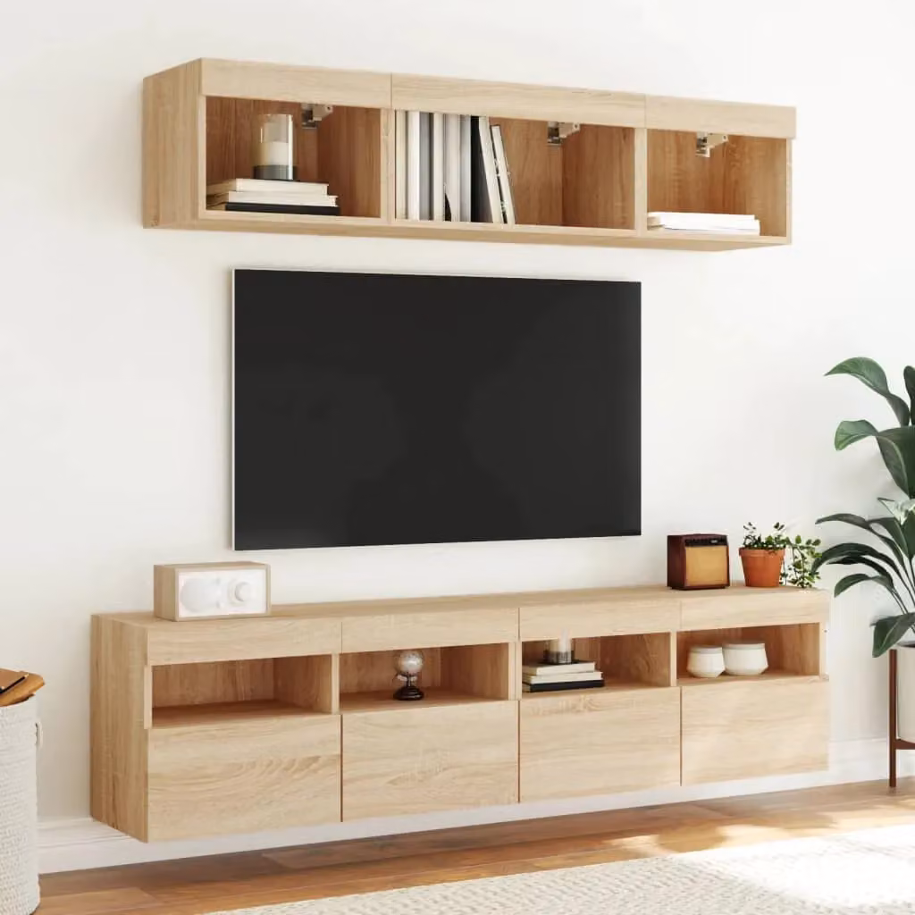 Berkfield Home Set of 2 Modern TV Wall Cabinets with LED Lights in Sonoma Oak Brown, W: 80 cm, D: 30 cm, H: 40 cm – 4