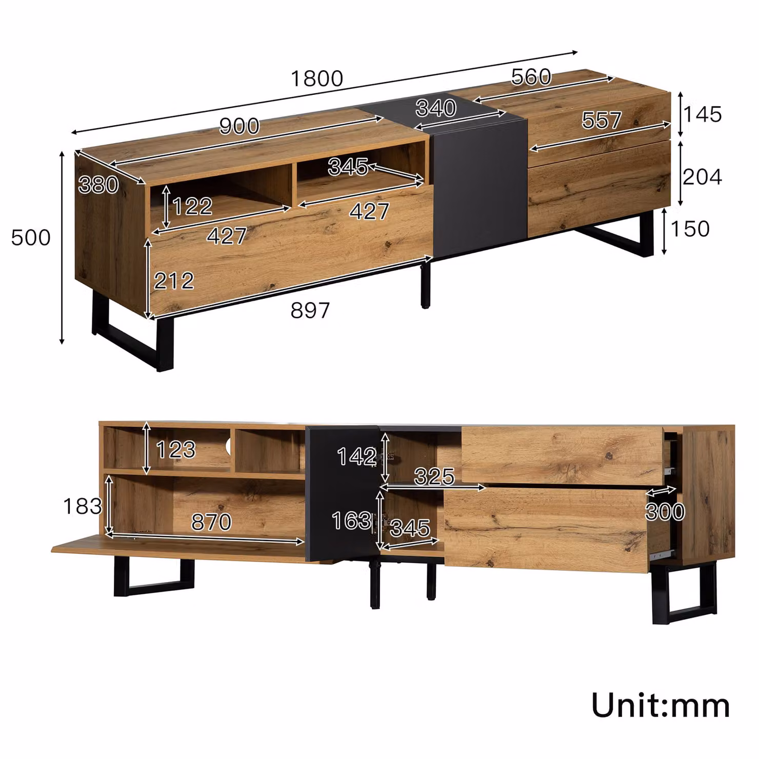 Aosom Modern Wooden TV Unit with Storage Compartments and Shelf in Natural Grain Finish, W: 180 cm, D: 50 cm, H: 38 cm – 3