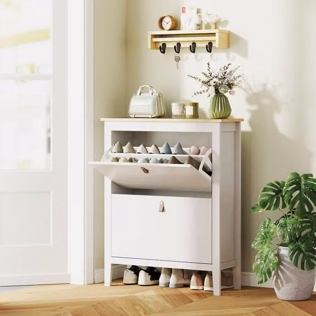 EONLION White Modern Narrow Shoe Cabinet with 2 Flip Doors and Internal Shelves, Width: 100 cm