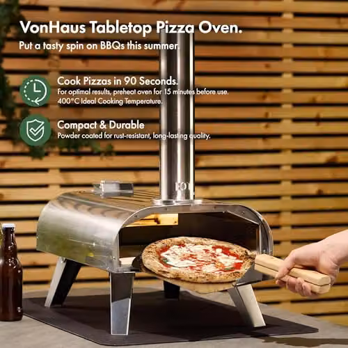 VonHaus Portable Pellet Outdoor Pizza Oven in Silver with Stainless Steel and Stone – 2