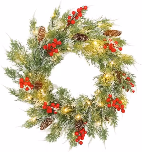 HOMCOM Green Prelit Christmas Door Wreath with 30 Warm White LEDs and Realistic Branches, 60 cm Diameter – 1