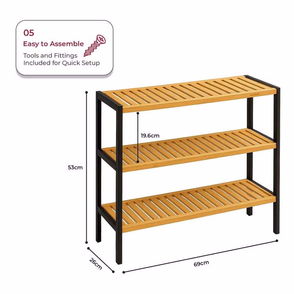 EONLION 3 Tier Bamboo Shoe Rack with Black Frame and Natural Bamboo Shelves – 2