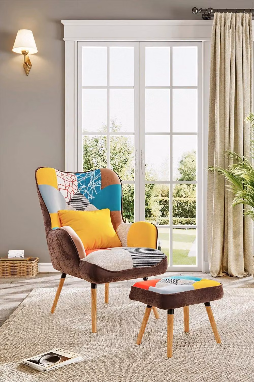 H&O Direct Patchwork Upholstered Wingback Armchair with Ottoman and Matching Cushion in Multicolour Abstract Fabric – 2