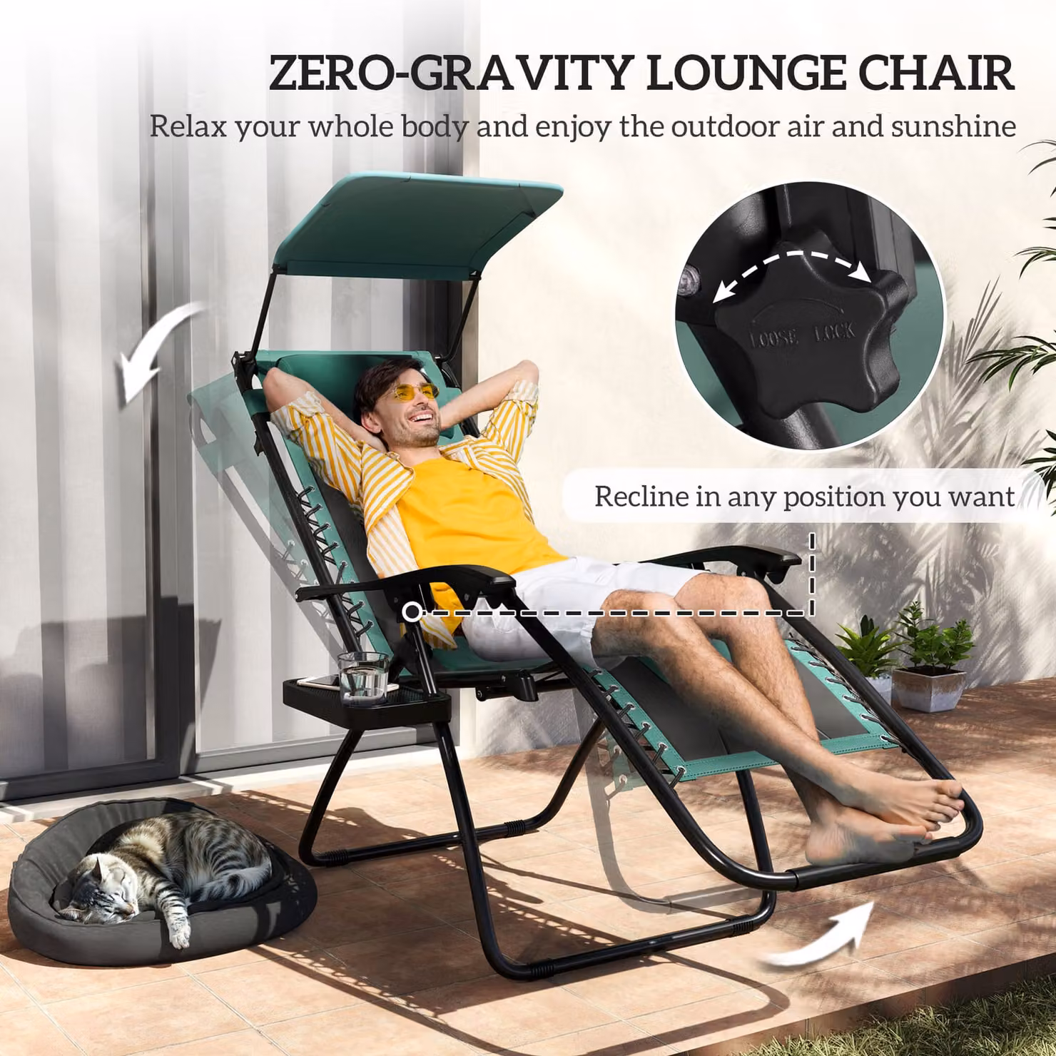 Outsunny Zero Gravity Lounger Chair in Green with Sun Canopy, Adjustable Headrest and Cup Holders – 4
