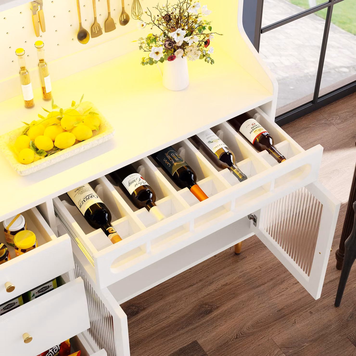 Aosom UK Freestanding White Highboard with LED Lighting, Sliding Glass Doors and Pull-Out Wine Rack, H x W x D: 171 x 39 x 145 cm – 4