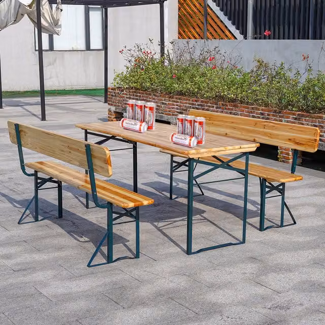 Livingandhome Foldable Outdoor Beer Trestle Picnic Table and Bench Set in Light Brown Fir Wood