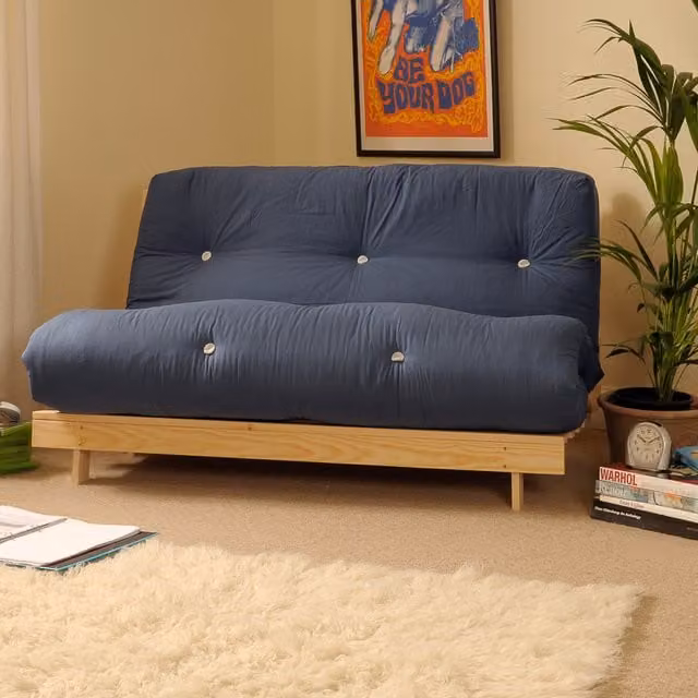 Comfy Living Navy Blue Luxury Double Futon Sofa Bed with Solid Wood Frame, 140 x 200 cm