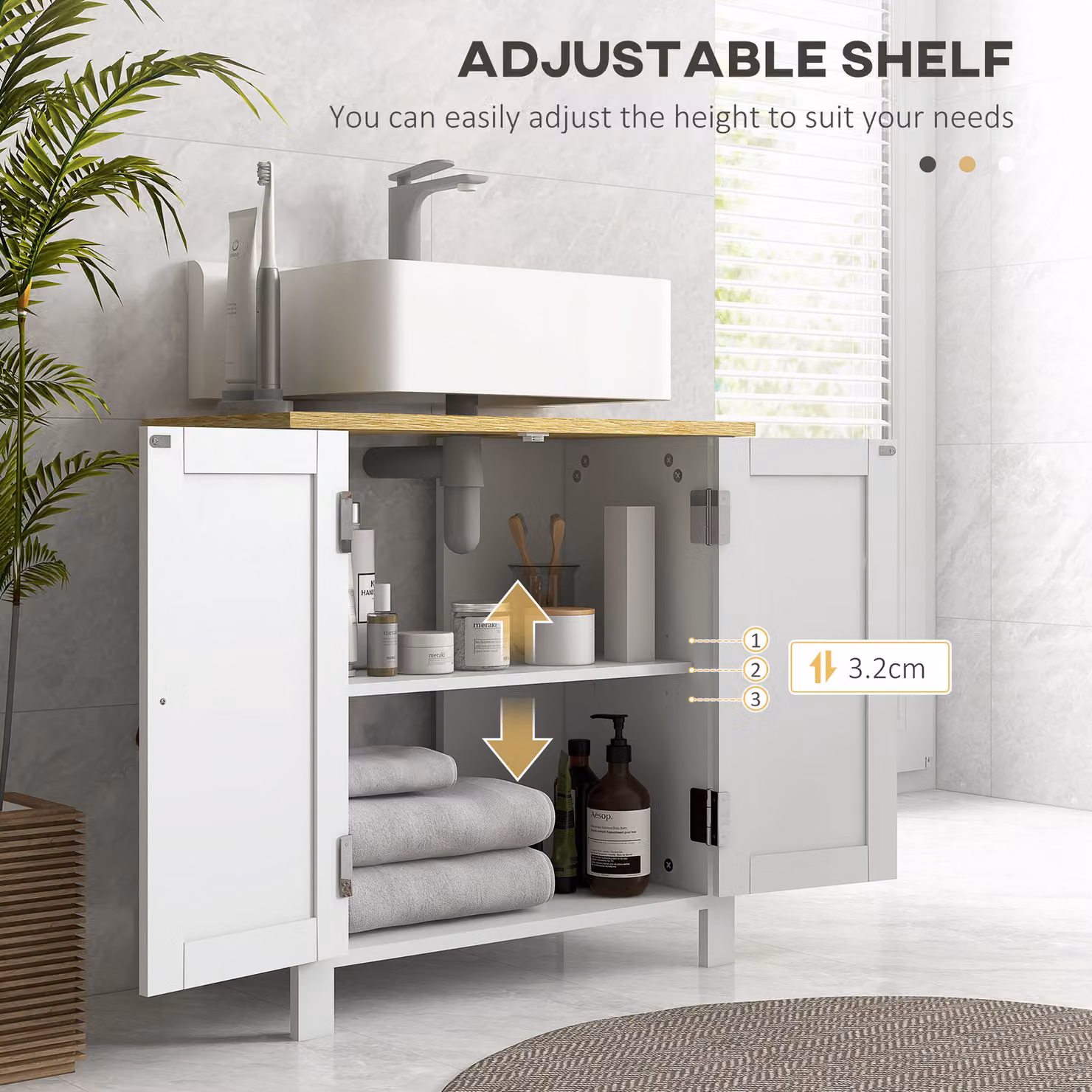 Kleankin White Under Sink Bathroom Cabinet for Basin with Internal Shelves and Hinged Doors, W/D/H: 60 x 30 x 60 cm – 2