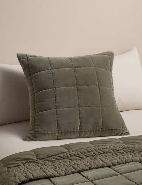M&S Pure Cotton Velvet Quilted Square Cushion in Khaki Green
