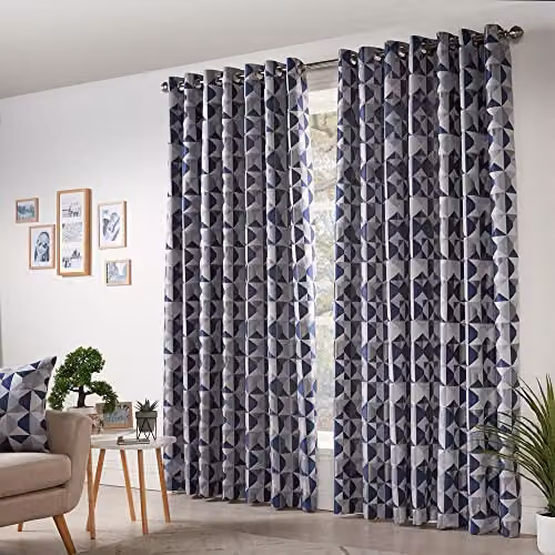 Skandi Navy Blue Jacquard Weave Eyelet Top Curtains, Fully Lined – 1