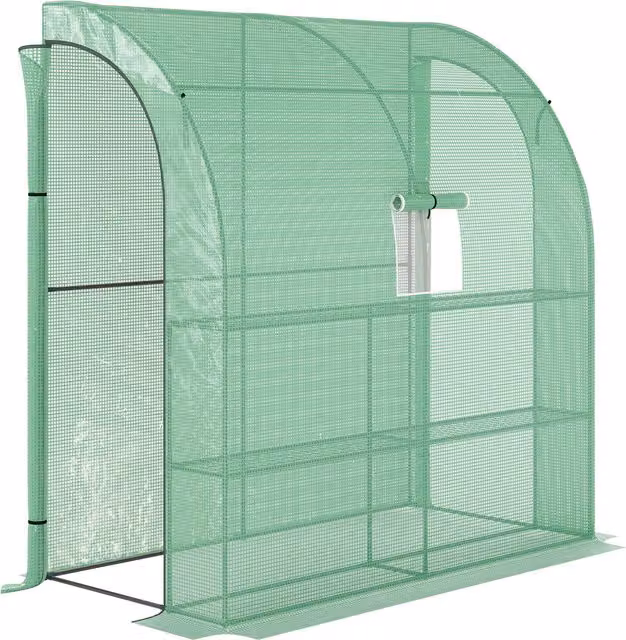 Outsunny Green Lean-to Greenhouse with Windows, Doors and 4 Wired Shelves, Green, W: 100 cm, D: 200 cm, H: 215 cm