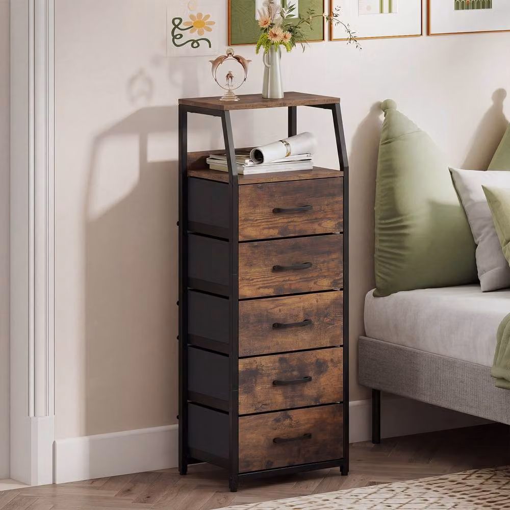 Gymax 5-Drawer Vertical Storage Cabinet and Dresser with Foldable Drawers in Brown – 3