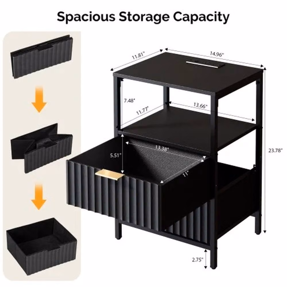 KORVIXA Black Bedside Table with Charging Station and Media Compartments – 2