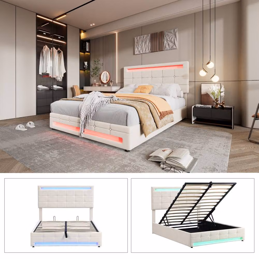 BTM Velvet LED Bed with Hydraulic Storage and Square Tufting in Beige – 5
