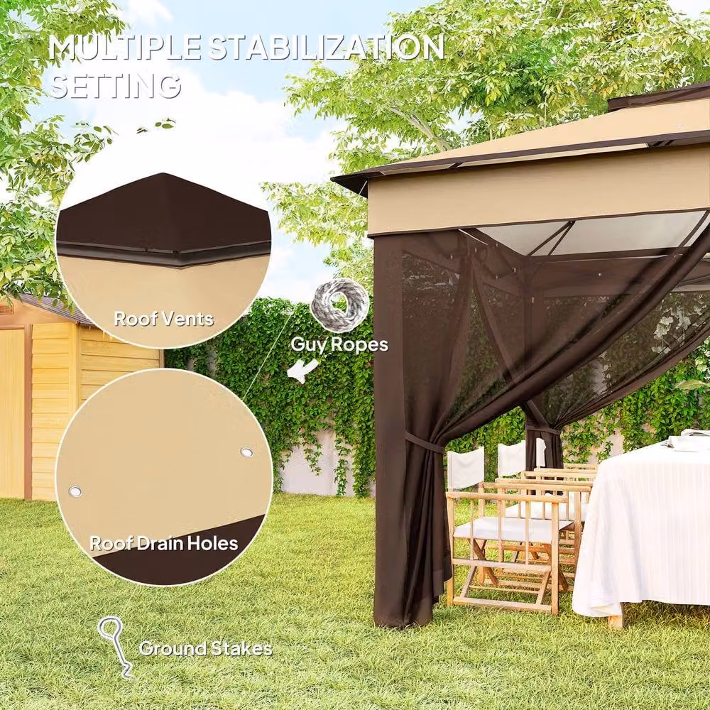 Outsunny Pop Up Gazebo with Netting and Carry Bag, Beige and Brown, W: 300 cm, D: 300 cm, H: 252 cm – 8