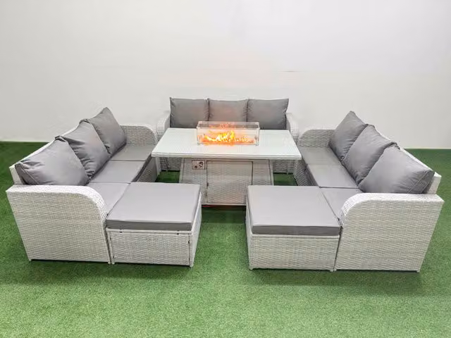 Fimous 11 Seater PE Rattan Outdoor Garden Furniture Set in Light Grey with Firepit Dining Table, 3 Seater Sofa and 2 Large Footstools