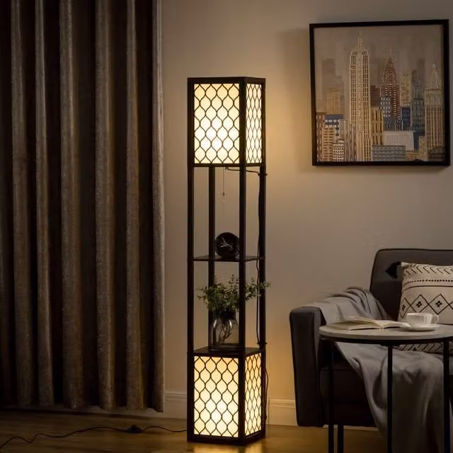 HOMCOM Modern 2-Light Floor Lamp with Shelves in Black and White