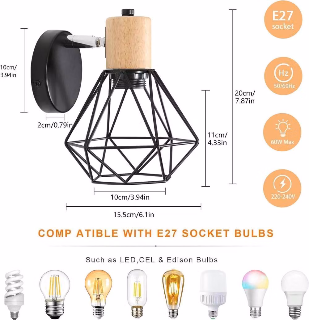Goeco Pack of 2 Industrial Vintage Wall Lights in Black and Wood with 360 Degree Adjustable Omnidirectional Design – 3