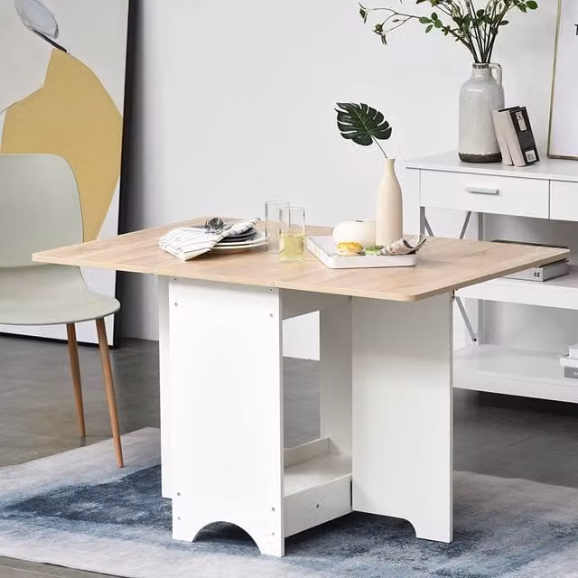 HOMCOM Modern White Drop Leaf Folding Dining Table with Shelf