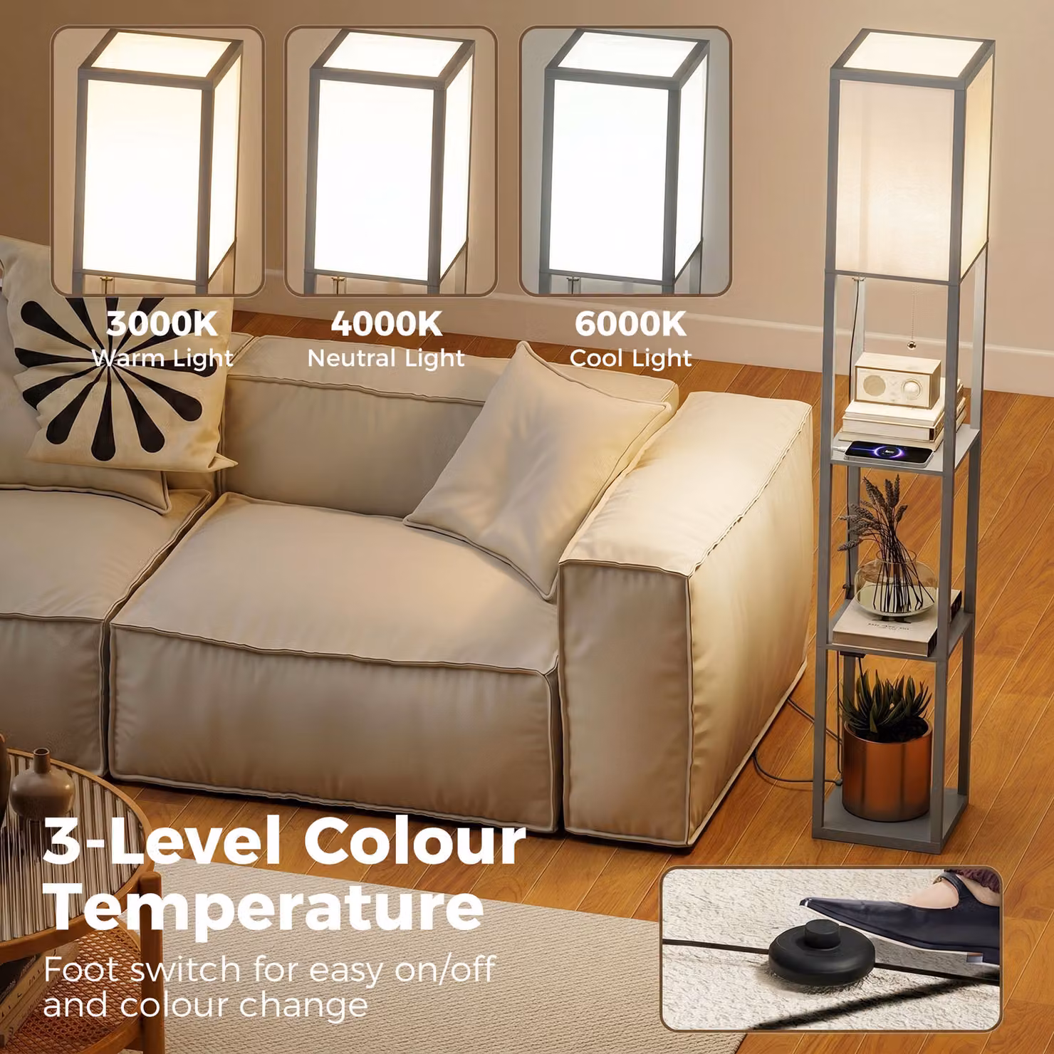 HOMCOM Modern Grey Floor Lamp with 3-Layer Shelves and LED Bulb – 4