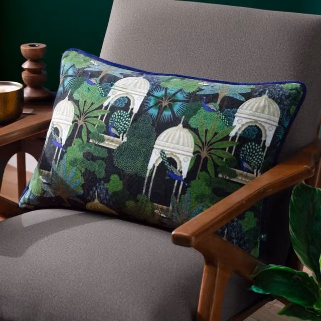 Wylder Tropics Serenity Tropical Garden Velvet Cushion in Black, Blue and Multicolour, W: 60 cm, H: 40 cm, D: 40 cm – 2