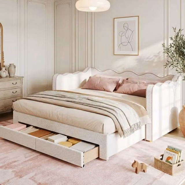 Rolipo Modern Upholstered Double Bed in Beige with Drawers and USB Charging Port, W/D/H: 180 x 200 x 190 cm
