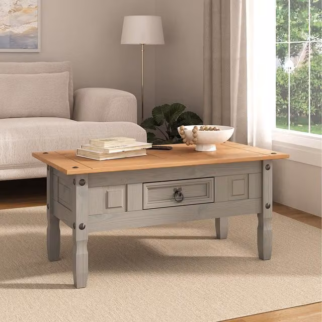 Mews Corona Grey 1 Drawer Coffee Table in Rustic Waxed Pine
