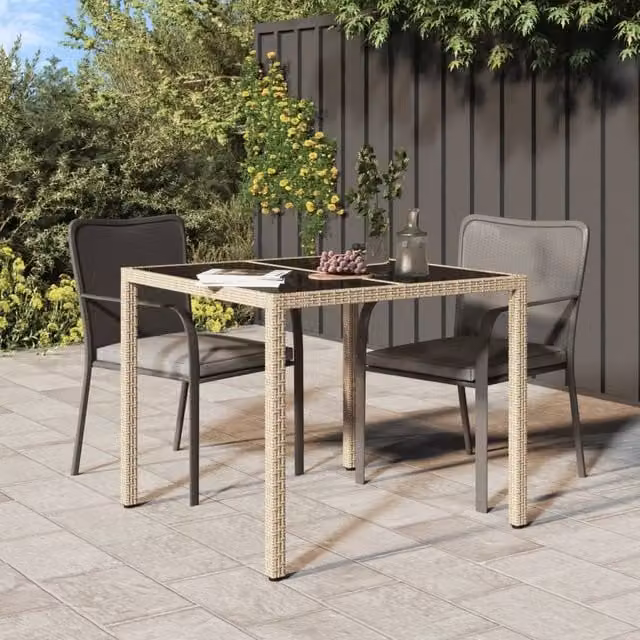 Berkfield Home Beige Poly Rattan Garden Table with Tempered Glass Top, W/D/H: 90 x 90 x 75 cm – 1
