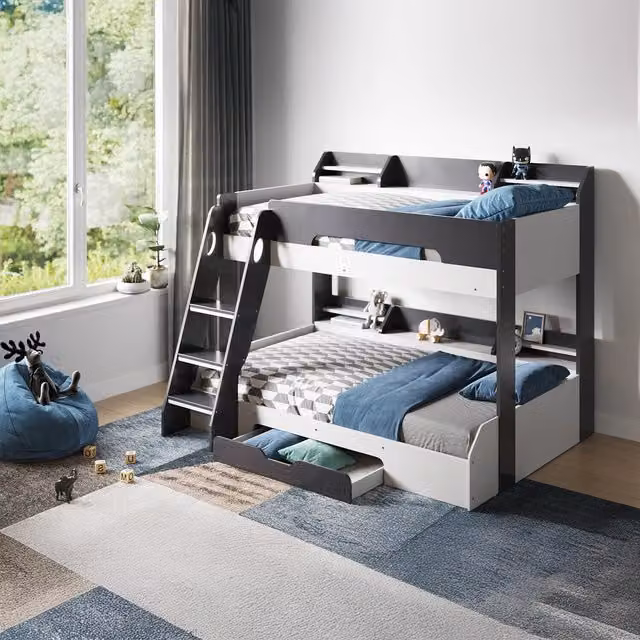 Flair Furnishings Flick Triple Bunk Bed with Storage and Stairs in Grey Single