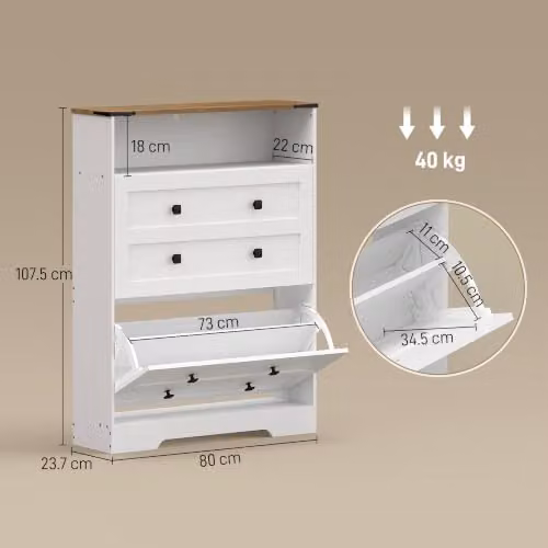 HOMCOM Narrow Shoe Cabinet with Tilting Compartments and Internal Shelves, White/Brown/Black – 3